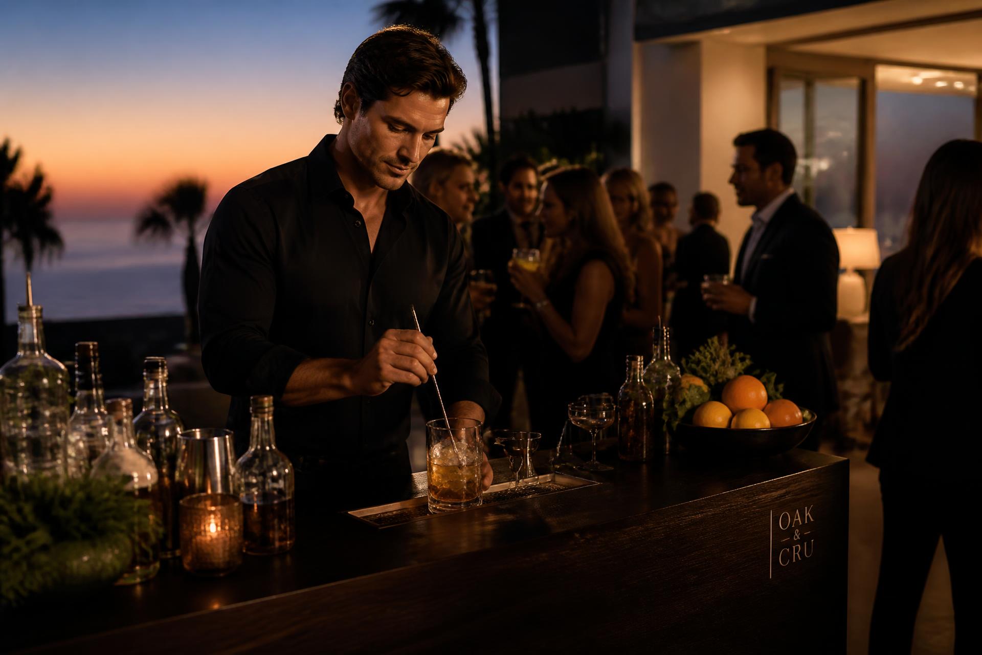 Bartender preparing a cocktail at a private coastal event